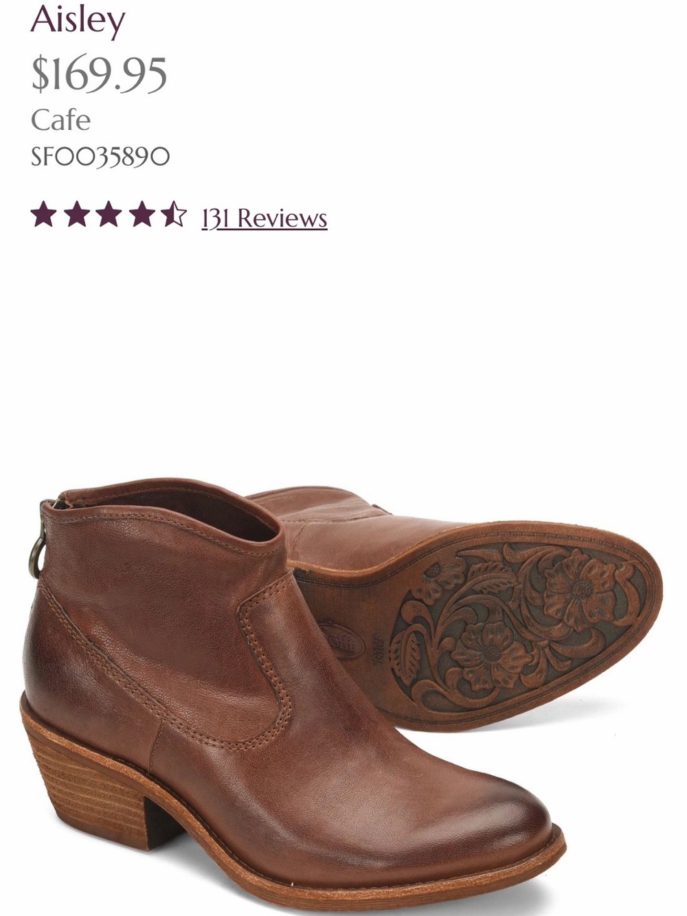 NWOT-Sofft, Aisley Leather Ankle Booties in Cafe Brown, Size 6